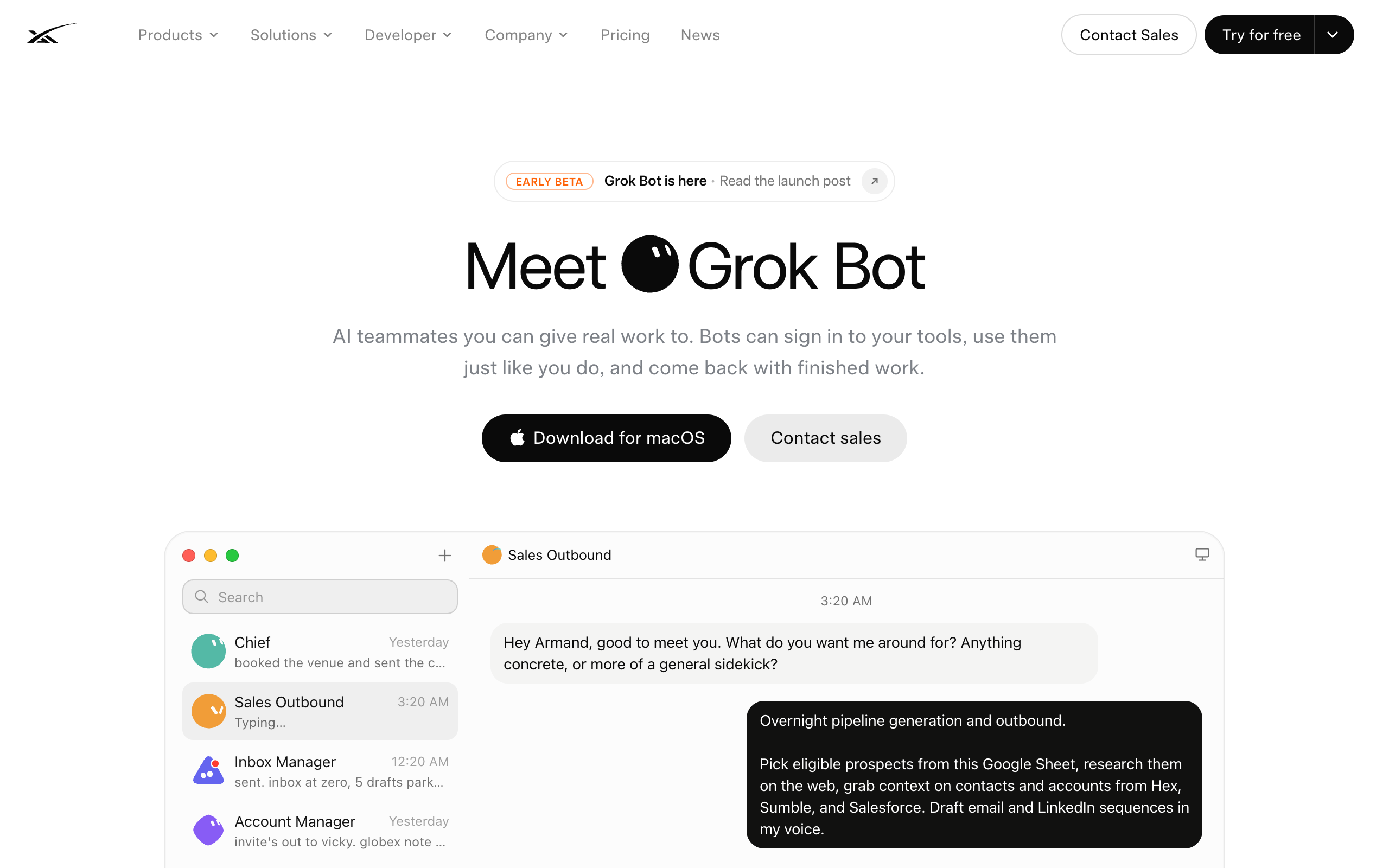 Grok Bot's product page showing a desktop app with a sidebar of named bots: Chief, Sales Outbound, Inbox Manager, and Account Manager