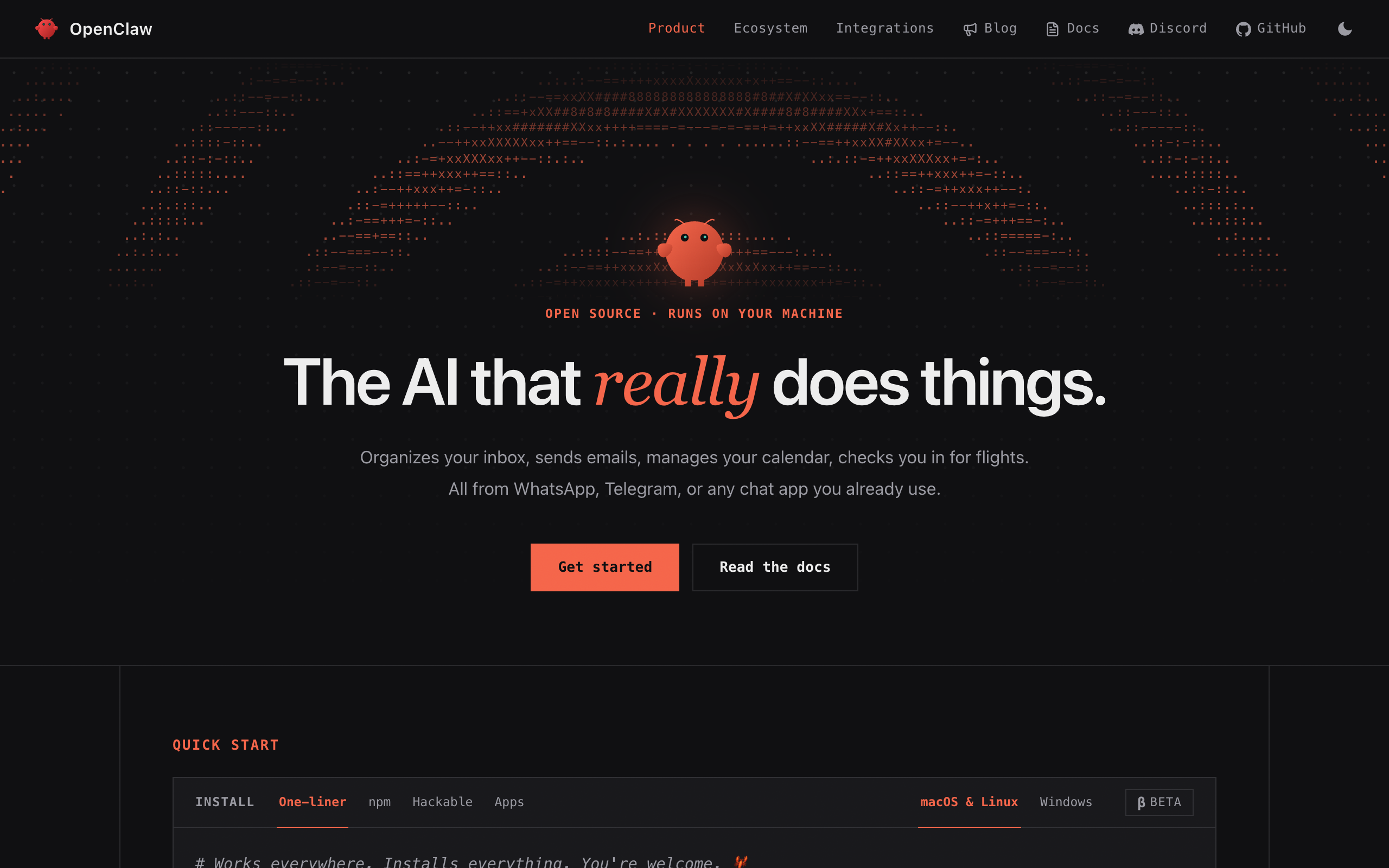 OpenClaw homepage describing the open-source personal AI assistant